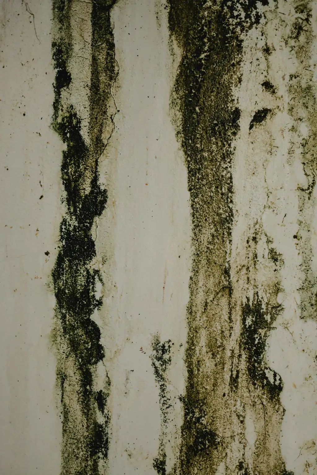 Mold and moisture streaks left behind on an interior surface by a persistent roof leak