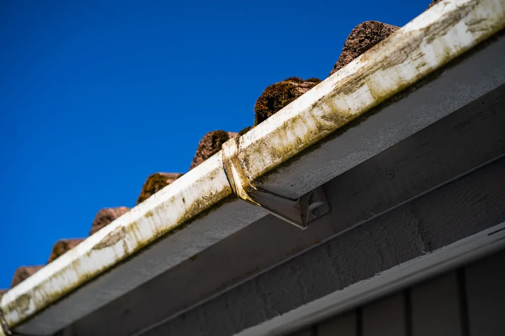 Debris and moss built up in a gutter along the edge of a roof