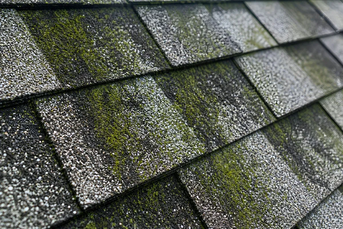 Weathered asphalt shingles showing moss growth and granule loss on a Northport roof